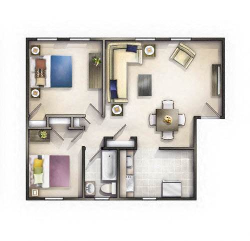 Floor plan for 2 beds, 1 bath, 645 sqft